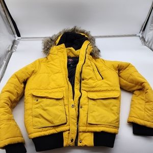Swiss Tech Yellow Puffer Jacket with Faux Fur Hood